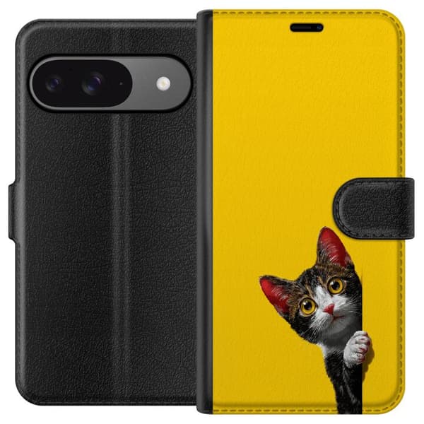 Kompatibel Tegnebogsetui til Google Pixel 9 Sød kat, der kigger ud mod gul minimalistisk baggrund gul