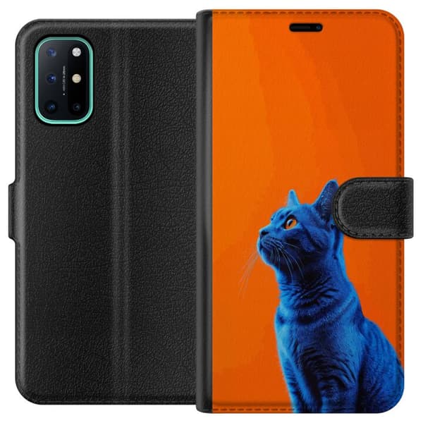 Kompatibel Tegnebogsetui til OnePlus 8T Blå kat med orange baggrund i moderne popkunststil blå