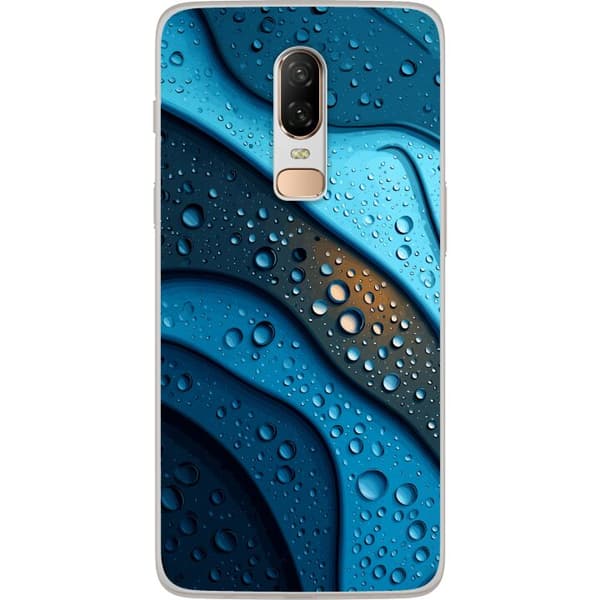 Kompatibelt Mobildeksel til OnePlus 6 Blå abstrakte bølger med glitrende vanndråper i moderne grafisk design blå