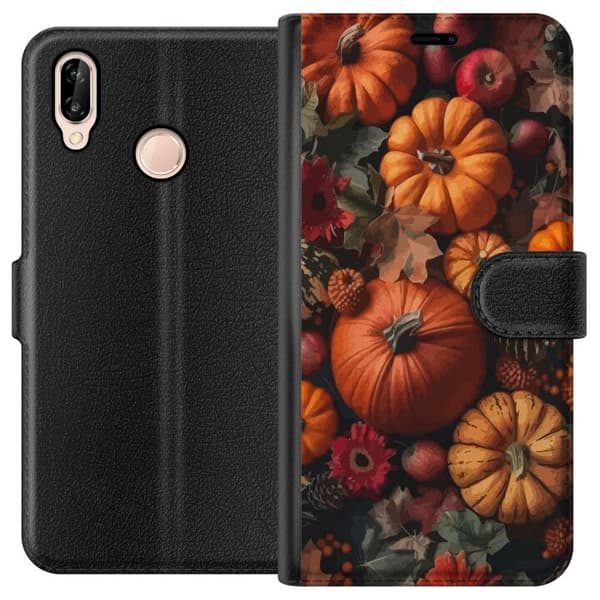 Kompatibel Tegnebogsetui til Huawei P20 lite Græskarhøst efterår plakat efterår halloween græskar æbler blomster efterårssæson rustik dekor design