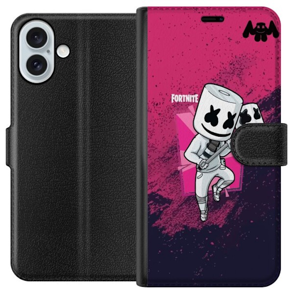 Apple iPhone 16 Plus Plånboksfodral Marshmello Fortnite Skin Emote Gaming DJ Karaktär Populärt Motiv Barn Ungdom Trend