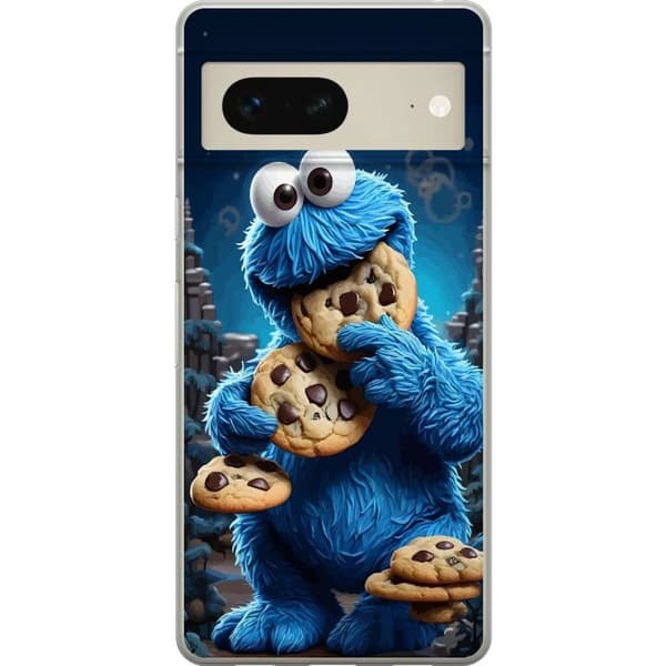 Kompatibelt Mobildeksel til Google Pixel 7 Sjokolademonsteret som spiser sjokoladekaker i en leken animert stil blå