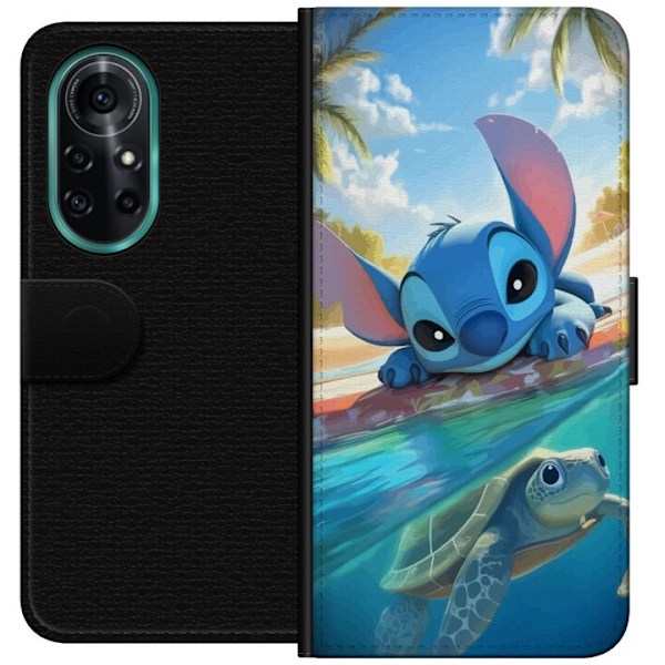 Huawei nova 8 Pro Plånboksfodral Stitch med sköldpadda – söt blå alien i tropisk strandmiljö från Disney