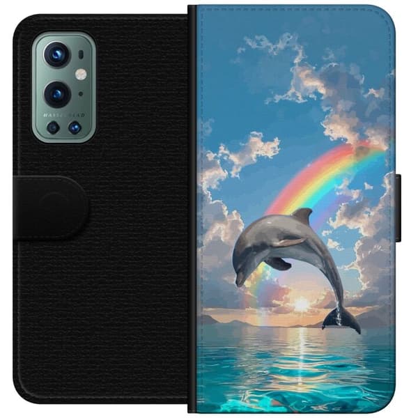 Kompatibelt Plånboksfodral till OnePlus 9 Pro Realistisk delfin framför regnbåge över lugnt hav blå