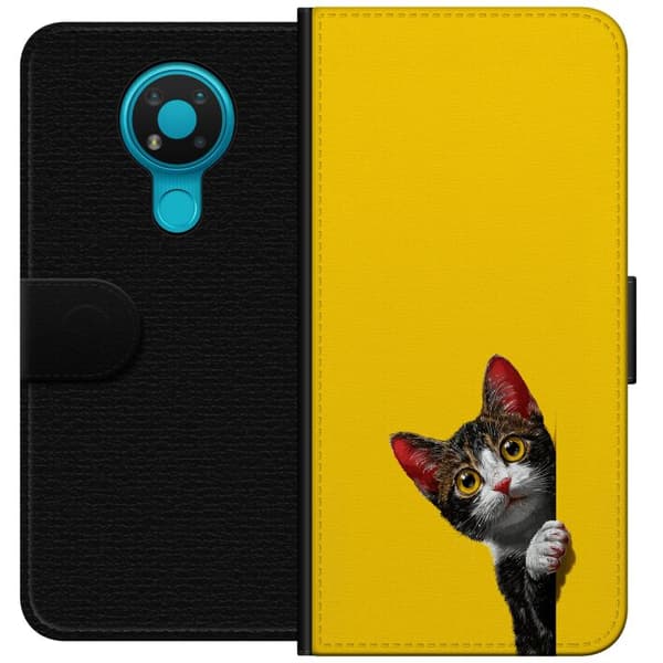 Kompatibel Tegnebogsetui til Nokia 3.4 Sød kat, der kigger ud mod gul minimalistisk baggrund gul