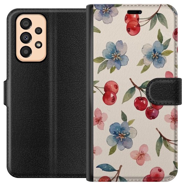 Samsung Galaxy A33 5G Plånboksfodral Bär & Blommor – mönster med blå blommor och skogsbär