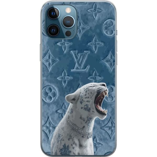 Kompatibelt Mobildeksel til Apple iPhone 12 Pro Max Eksklusiv hvit leopard med blå detaljer og elegant mønstret bakgrunn blå