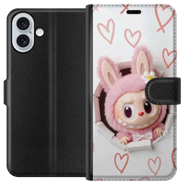 Apple iPhone 16 Plus Plånboksfodral Labubu Hjärtbakgrund Pop Mart Kärlek Tema Figur Design Populärt Motiv Samlarfigur Art Toy Serie
