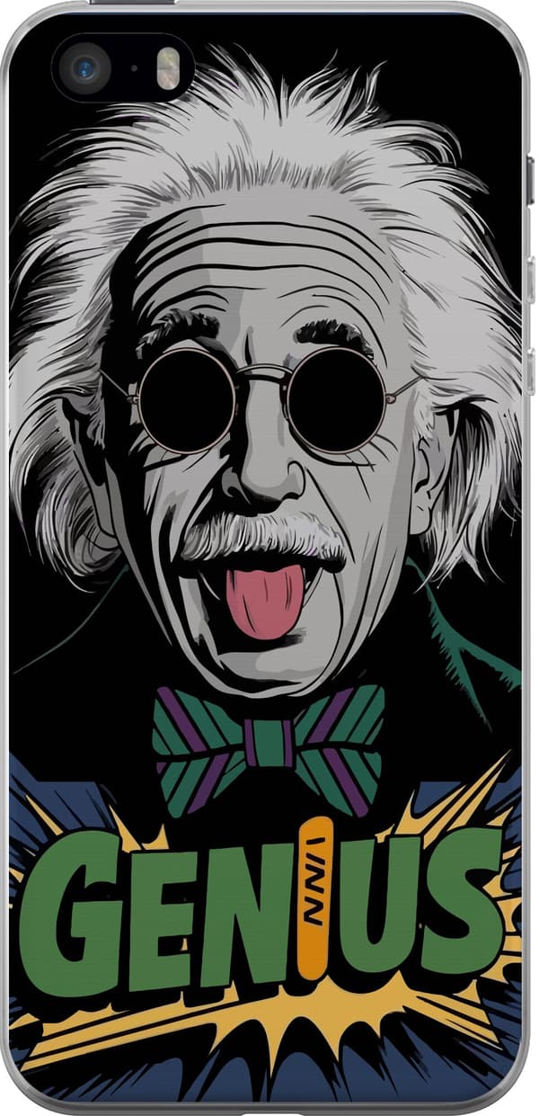 Kompatibelt Mobilskal till Apple iPhone 5s Tecknad Albert Einstein med solglasögon, utsträckt tunga och grön Genius-text svart