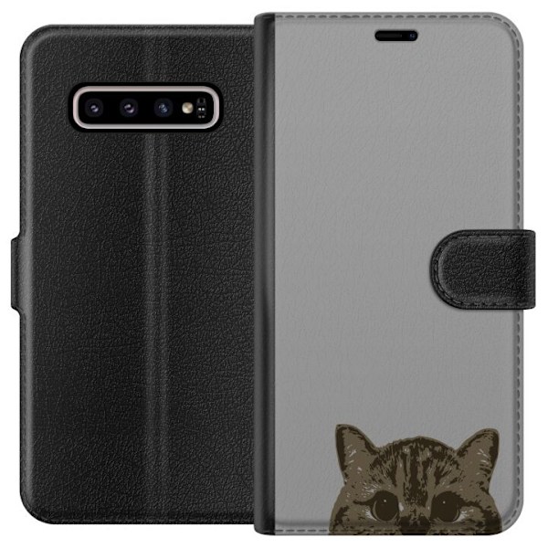 Samsung Galaxy S10+ Lommeboketui Grå Kattblikk - stilren katte design med grå bakgrunn