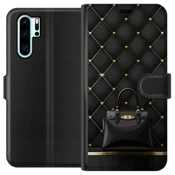 Kompatibel Tegnebogsetui til Huawei P30 Pro Luksuriøs sort taske mod quiltet baggrund