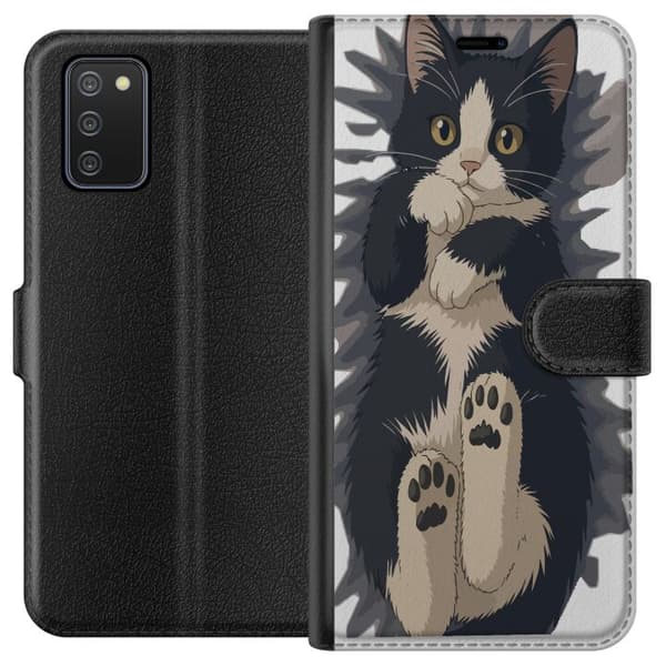 Kompatibel Tegnebogsetui til Samsung Galaxy A02s Illustreret sort-hvid kat med synlige poter og store gule øjne sort