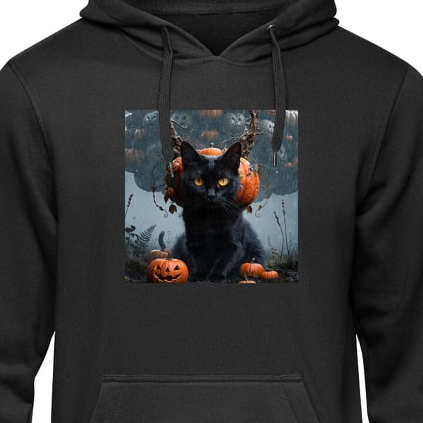 Børne Hoodie Sort 5-6 År Sort kat med græskar og uhyggelig Halloween-baggrund i regn sort 5-6 År