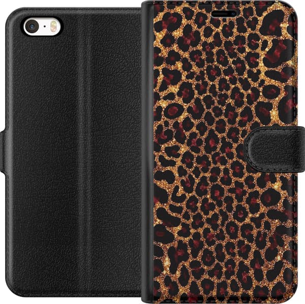 Kompatibel Tegnebogsetui til Apple iPhone SE (2016) Guldfarvet glitterleopard guld