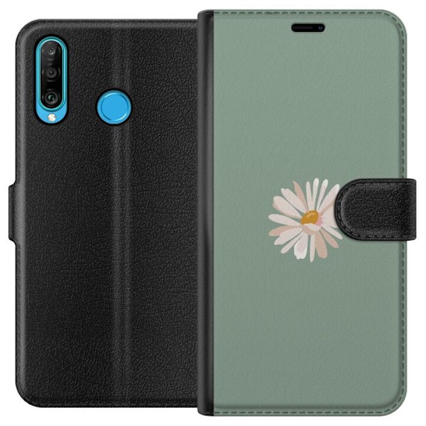 Huawei P30 lite Plånboksfodral Grön Minimalblomma – stilren blomma på grön bakgrund