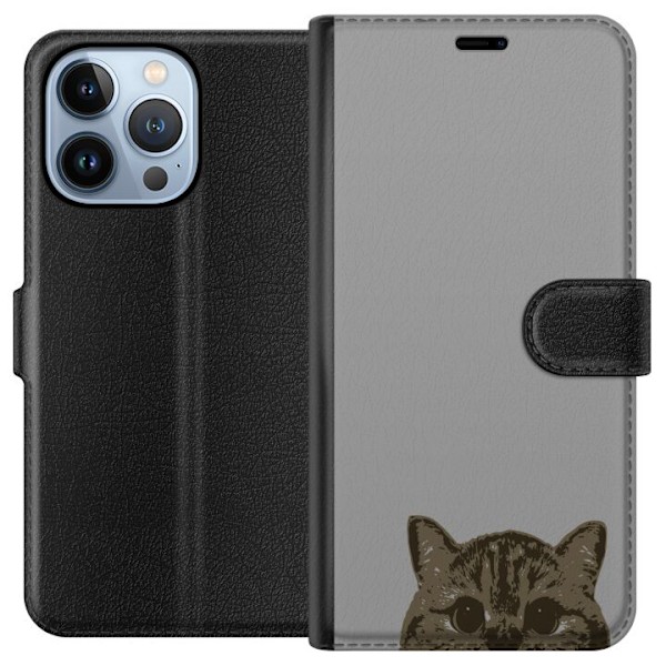 Apple iPhone 13 Pro Tegnebogsetui Grå Katteblik - stilfuld kat design med grå baggrund
