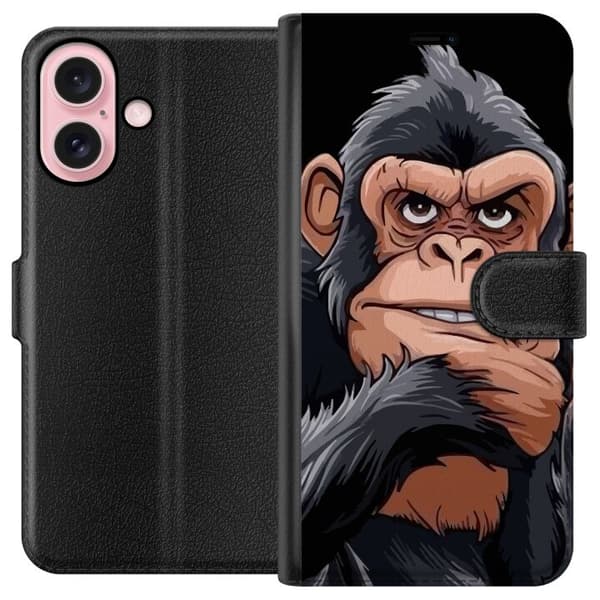 Kompatibel Tegnebogsetui til Apple iPhone 16 Illustreret chimpanse med cigar, der viser langfingeren mod sort baggrund sort