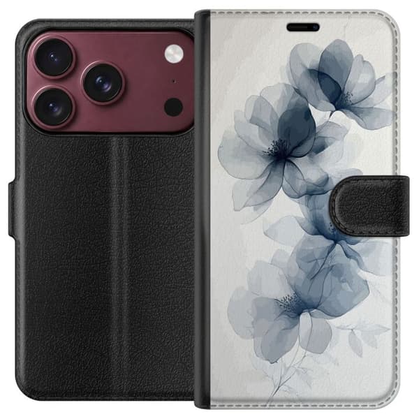 Kompatibel Tegnebogsetui til Apple iPhone 18 Pro Max Blå transparente blomster med tynde kronblade og elegante botaniske linjer mod en hvid baggrund blå