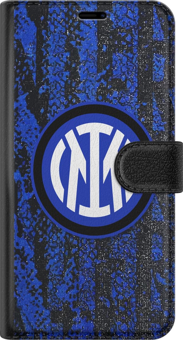 Kompatibel Tegnebogsetui til Samsung Galaxy S24+ Blåsort fodboldinspireret emblem mod struktureret blå og sort baggrund blå