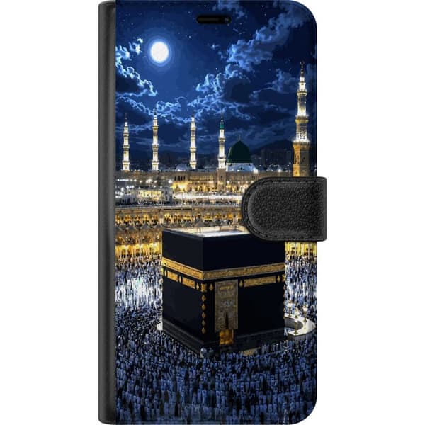 Kompatibel Tegnebogsetui til Apple iPhone 16 Kaaba under fuldmåne med oplyste minareter, stjernehimmel og pilgrimme i Mekka blå