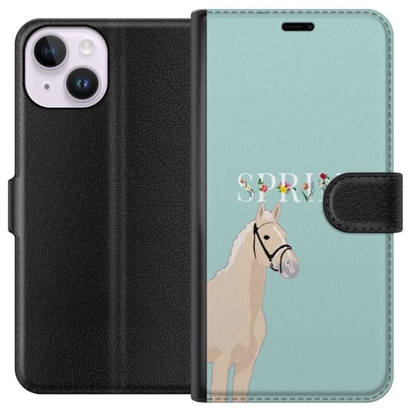 Kompatibel Tegnebogsetui til Apple iPhone 14 Lys hest med blomster og teksten "Spring" på mintgrøn baggrund grøn