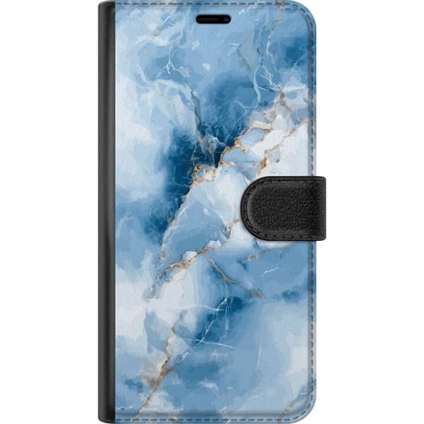 Kompatibel Tegnebogsetui til Apple iPhone 18 Pro Max Lyseblå og hvid marmor med dybblå partier og tynde guldfarvede årer blå