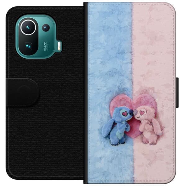 Kompatibel Tegnebogsetui til Xiaomi Mi 11 Pro Søde blå og lyserøde figurer foran et stort lyserødt hjerte pink