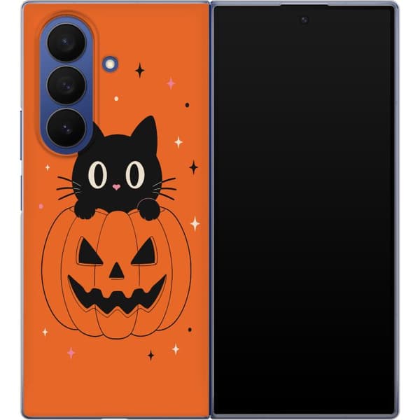 Kompatibel Mobilcover til Samsung Galaxy Z Fold7 Sort kat og halloween-græskar med stjerner på orange baggrund orange