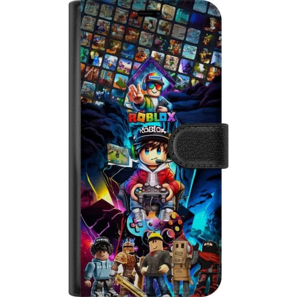 Kompatibel Tegnebogsetui til Apple iPhone 12 mini Farverig Roblox-collage med spilkarakterer, controllere og neonlys, energifyldt gamingdesign