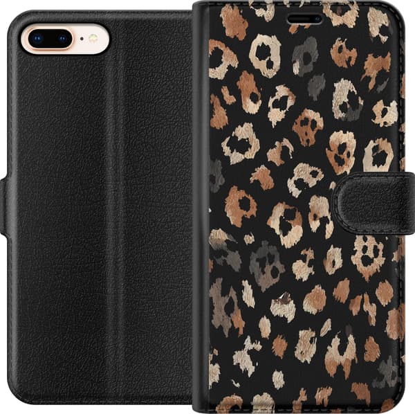 Kompatibel Tegnebogsetui til Apple iPhone 7 Plus Stilrent leopardmønster i brun, beige og sort på mørk baggrund sort