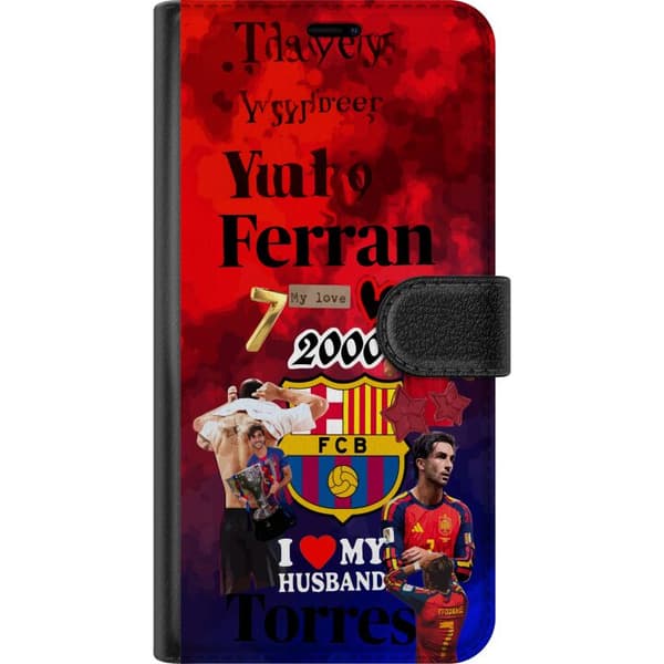 Kompatibel Tegnebogsetui til OnePlus 7 Collage med Ferran Torres, Barcelona og Spanien-tema rød