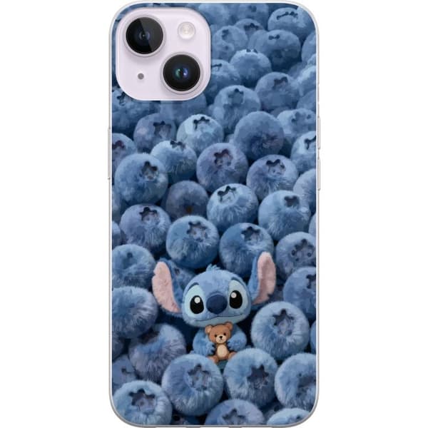 Kompatibel Mobilcover til Apple iPhone 14 Sød, fluffy blå figur med en lille bamse blandt bløde blåbær blå