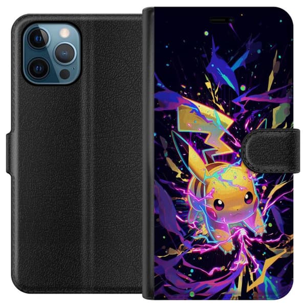 Kompatibel Tegnebogsetui til Apple iPhone 12 Pro Kraftfuld Pikachu med neonblink og elektrisk energi sort