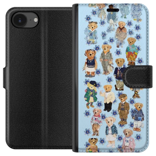 Kompatibel Tegnebogsetui til Apple iPhone 16e Søde bamser i trendy tøj med blå blomster blå