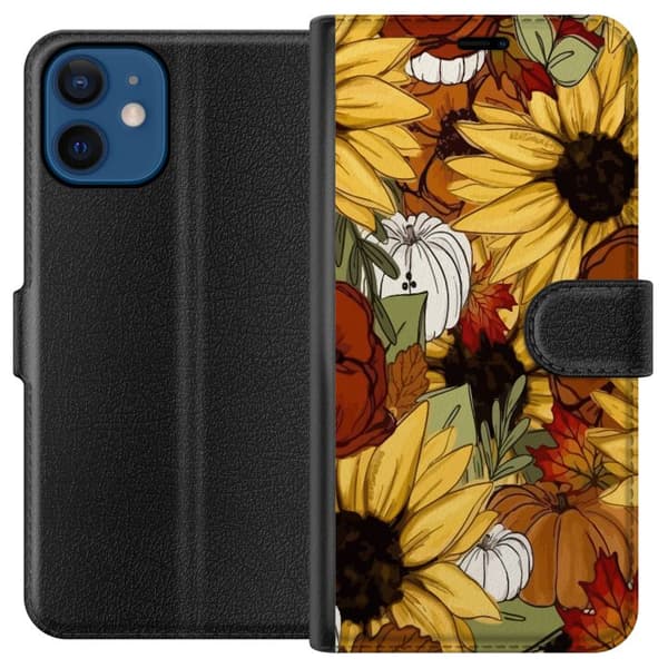 Kompatibel Tegnebogsetui til Apple iPhone 12 Solsikker og græskar – efterårsblomstdesign i varme farver, perfekt til dig, der elsker naturen og efter