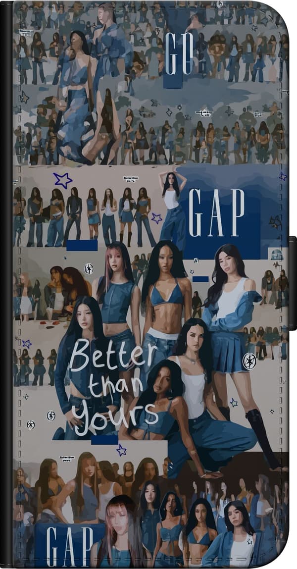 Kompatibel Tegnebogsetui til Samsung Galaxy Note10+ KATSEYE i blå denimcollage med gruppebilleder, stjerner og teksten ”Better than yours” i ungdomme blå