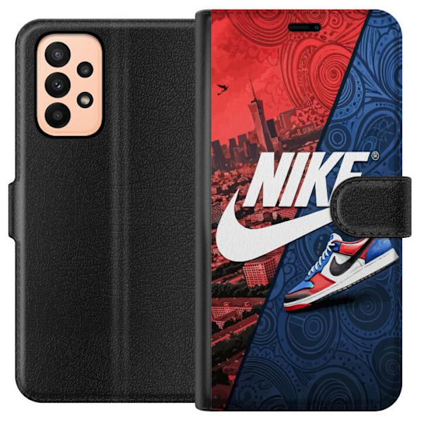 Samsung Galaxy A23 Plånboksfodral Nike Logotyp Röd Blå Sneaker Stil Sport Fashion Populärt Swoosh Motiv Träningskläder Grafisk Ikon