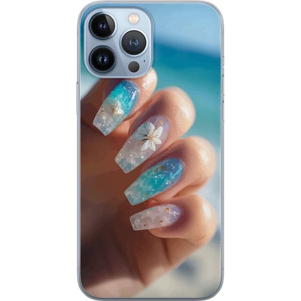 Kompatibelt Mobildeksel til Apple iPhone 13 Pro Max Blå negler med glitter og blomst – Havsinspirert negledesign