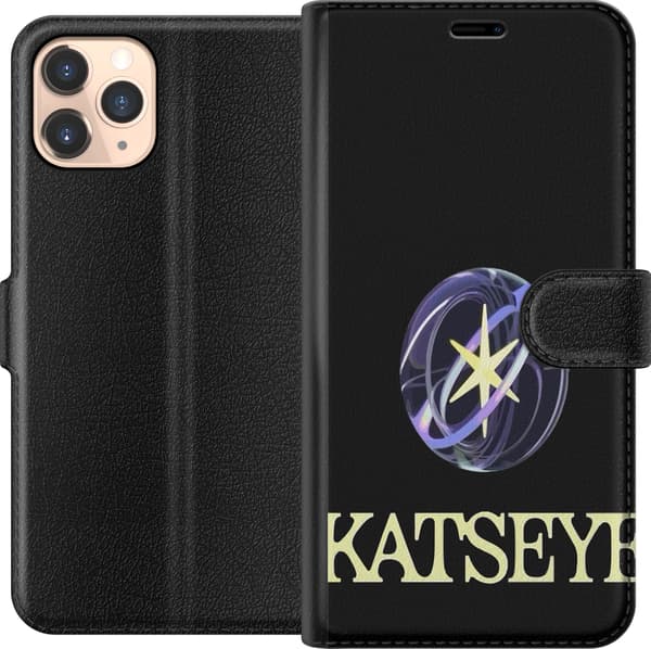 Kompatibel Tegnebogsetui til Apple iPhone 11 Pro KATSEYE-logo med gul stjerne, lilla omløbsringe og lys typografi mod sort baggrund sort