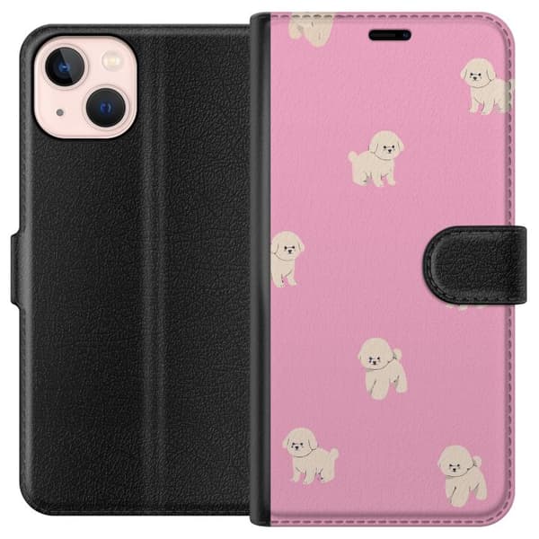 Kompatibel Tegnebogsetui til Apple iPhone 13 mini Mønster med små søde hvalpe spredt over en lyserød baggrund