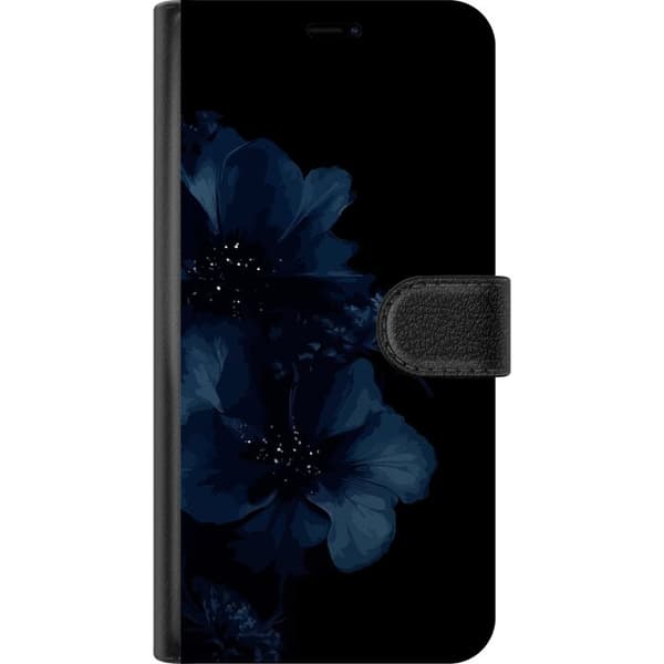 Kompatibel Tegnebogsetui til Apple iPhone 16 Elegant blomstermotiv med mørkeblå blomster og glitrende detaljer på sort baggrund blå