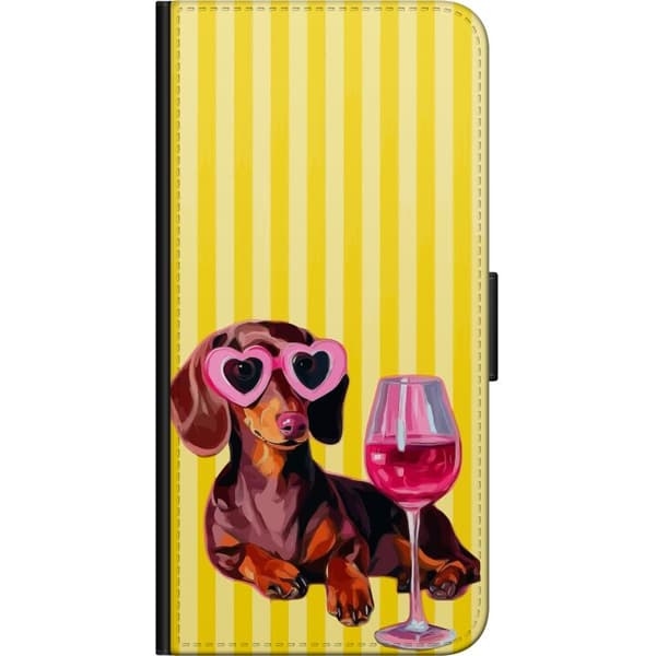 Kompatibel Tegnebogsetui til Samsung Galaxy Note9 Charmerende gravhund med lyserøde hjerteformede solbriller og lyserøde glas foran gulstribet baggru gul
