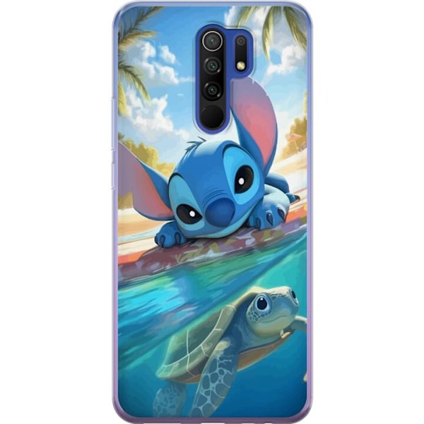 Xiaomi Redmi 9 Läpinäkyvä kuori Stitch kilpikonnalla - söpö sininen avaruusolento trooppisessa rantaympäristössä Disneyn tapaan