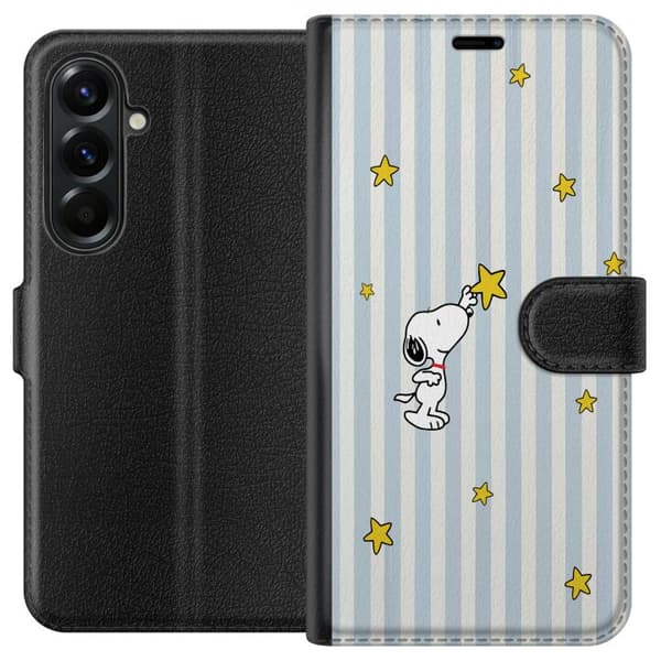 Kompatibelt Plånboksfodral till Samsung Galaxy A57 Tecknad vit hund som sträcker sig efter gula stjärnor mot blåvit randig bakgrund blå