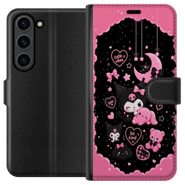 Kompatibel Tegnebogsetui til Samsung Galaxy S24+ Søde lyserøde og sorte gothfigurer med hjerter, måne, stjerner og positiv tekst sort