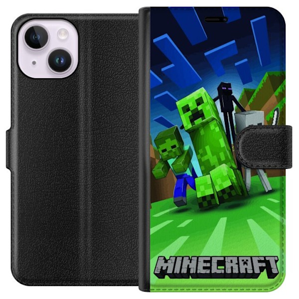 Apple iPhone 14 Plånboksfodral Minecraft Creeper mobilskal i klassisk grön pixelstil