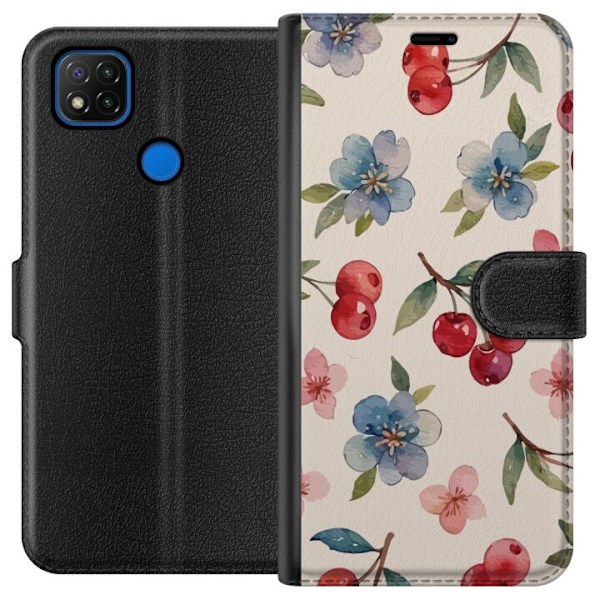 Xiaomi Redmi 9C Plånboksfodral Bär & Blommor – mönster med blå blommor och skogsbär