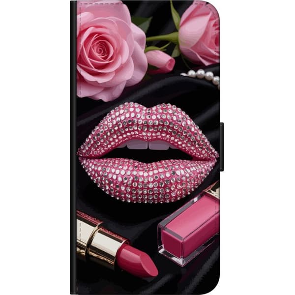 Kompatibel Tegnebogsetui til Motorola Moto G9 Play lyserøde læber diamanter makeup glitter læber lyserød smykker roser neglelak glamour mode skønhed