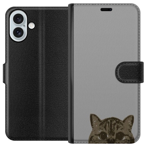 Apple iPhone 16 Plus Plånboksfodral Grå Kattblick – stilren kattdesign med grå bakgrund