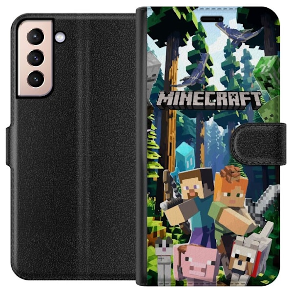 Samsung Galaxy S21 Lompakkokotelo Minecraft-matkapuhelinkotelo metsällä ja pikselityylisillä hahmoilla